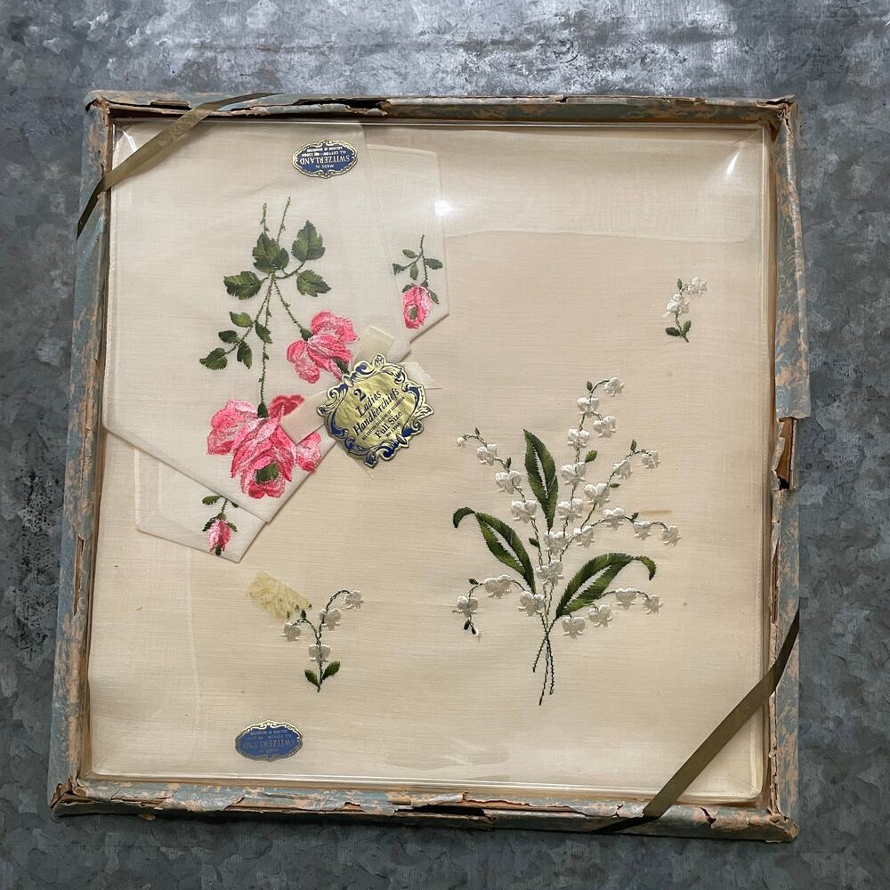 Vintage 2 Ladies Embroidered Floral Handkerchiefs Switzerland Full Size NOS